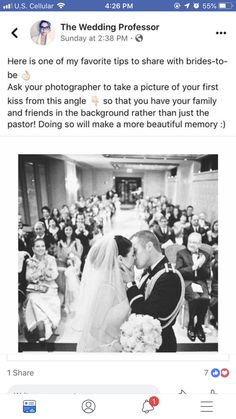 the bride and groom are kissing in front of their wedding guests on instagrams