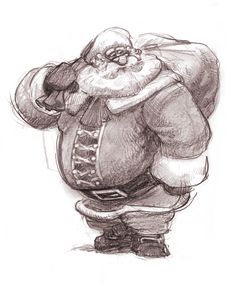 a drawing of a santa clause standing with his hands in his pockets and looking down