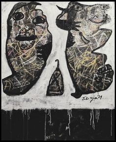 an abstract painting with black and white paint on it's sides, depicting two people facing each other