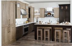 a large kitchen with wooden cabinets and white counter tops, along with bar stools