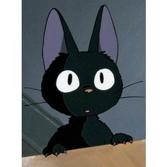 a black cat sitting on top of a wooden table next to a stair case in a cartoon style