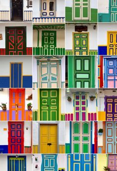 many different doors and windows painted in bright colors