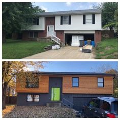 before and after photos of a house with siding on the outside, and in the front