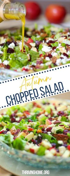 an image of a salad being poured into a glass bowl with the words autumn chopped salad on it