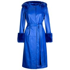 Verheyen London Hooded Leather Trench Coat in Blue with Faux Fur - Size uk 6 Handmade in London, made with 100% Italian Lambs Leather and the highest quality of faux fur to match, this luxury item is an investment piece to wear for a lifetime. All of our faux fur is the most stunning, soft and beautiful quality making this leather trench coat a beautiful luxury item. Size uk 6 Colour: Blue Ties with leather belt Belt with loops Fastens with a cover button Pre- order - available in 2 to 3 weeks B Green Wool Coat, Bonnie Cashin, Blue Trench Coat, Leopard Print Coat, Leather Trench, Romantic Design, The Aurora, Wool Vest, Print Coat