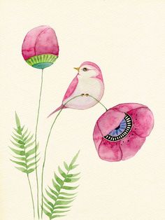 a pink flower with green leaves on the bottom and an image of a bird sitting on top