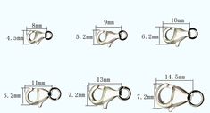 four different sizes of metal hooks on a white background, with measurements for each one