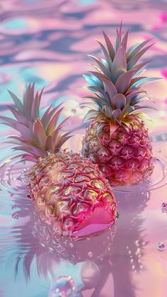 two pineapples floating in the water on a pink and blue surface with bubbles