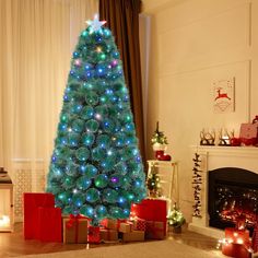 a brightly lit christmas tree in a living room