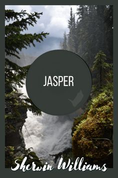 a waterfall surrounded by trees with the words jasper written in white above it and below