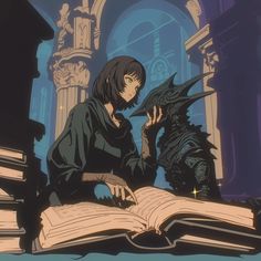 a woman sitting on top of an open book next to a black dragon in front of her