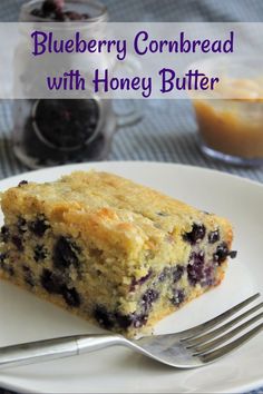 A square of cornbread filled with blueberries on a white plate with a small container of honey butter behind it. Cornbread With Honey Butter, Cornbread With Honey, Trial Room, Blueberry Cornbread, Easy Blueberry, Corn Bread Recipe, Blueberry Recipes, Frozen Blueberries