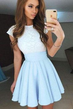 Blue Graduation Dresses, Cap Sleeve Prom Dress, Homecoming Dress Short, Ombre Prom Dresses, Mode Tips, Mini Prom Dresses, A Line Cocktail Dress, Umbrella Skirt, Cheap Homecoming Dresses