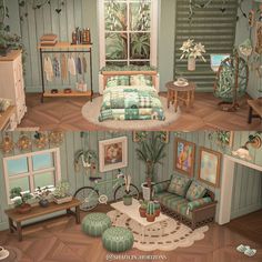 the interior of a dollhouse with furniture and decor in it, including a bed