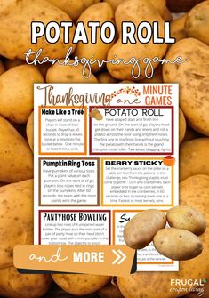 a pile of potatoes sitting next to each other with the words potato roll thanksgiving on it