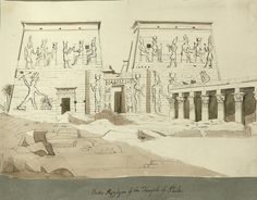 an old drawing of two egyptian buildings with people on the front and one in the back