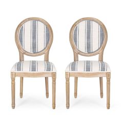 a pair of chairs with striped upholstered back and seat cushions on each side