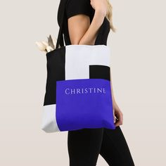 Get this minimalist modern tote with a pop of color in a simple yet bold cobalt blue, black, and white color block pattern.  It makes a striking display with graphic appeal and is ready to personalize with your name or other desired text. If you wish to remove the name and order the item without text, simply choose "personalize this template" and delete the sample name shown in the design template. Color Block Pattern, Black And White Color, Block Pattern, Simple Colors, Minimalist Modern, Pattern Blocks, Cobalt Blue, Design Template, Modern Minimalist