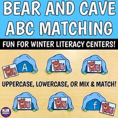 a bear and cave abc matching game for winter literacy centers, uppercase, lowercase, or mix & match