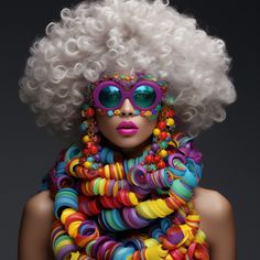 a woman with white hair and colorful glasses