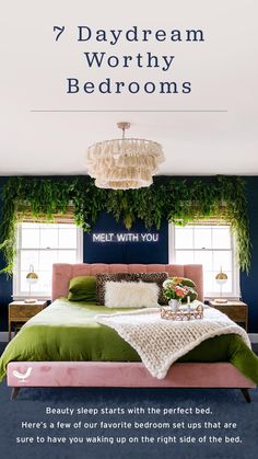 a bedroom with blue walls and green bedspread, plants on the headboard