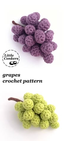 two crocheted grapes are next to each other on a white background with the words grape crochet pattern below it