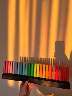 a person holding a tray with many colored crayons on it