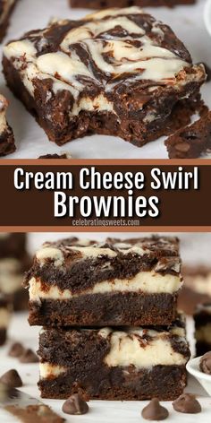 three brownies stacked on top of each other with cream cheese swirl