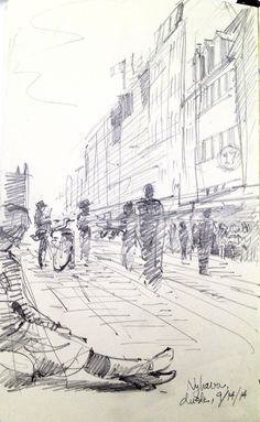 a drawing of people sitting on the sidewalk