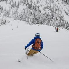 two skiers are skiing down a snowy mountain side with trees in the background and snow on the ground