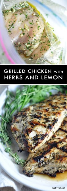 grilled chicken with herbs and lemon on a white plate next to a glass container