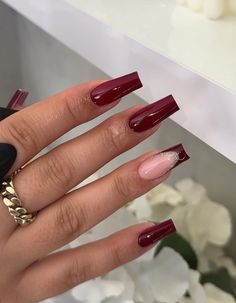 December Nails Acrylic, Wine Red French Tip Nails, Dark Red Nail Ideas, Dark Magenta Nails, Wine Color Nails, Dark Feminine Nails, Bordeaux Nails, 21st Birthday Nails, Magenta Nails