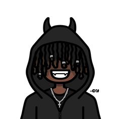 a drawing of a person wearing a black hoodie with long hair and horns on their head