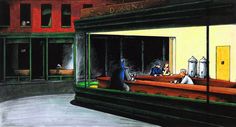 a drawing of people sitting at a bar in front of a building with cats on it