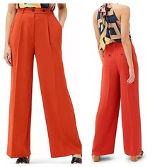 Phase Eight Opal Orange Wide Leg Trousers Size 14 Nwt New With Tags From Our Tailoring Collection. Sitting High On The Waist And Falling Into An Elegant Wide Leg Cut, Our Green Opal Trousers Are The Perfect Work To Weekend Style. They Are Finished With Pressed Centre Seams And Double Button Fastenings On The Waist. Our Opal Wide-Leg Trousers Are A Must-Have This Season. Designed In A Rich Burnt Colour Shade, Our Trousers Are Cut To With A Flattering Wide-Leg And Feature A Wide Waistband And Deco Chic Orange Wide Leg Workwear Pants, Summer Orange Wide Leg Pants For Work, High Waist Orange Wide Leg Pants For Work, Chic Orange Wide Leg Pants For Work, Green Opal, Weekend Style, Jumpsuit Trousers, Phase Eight, Wide Waistband