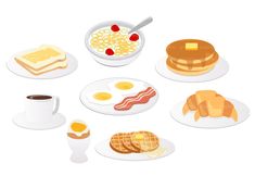 breakfast foods are arranged in the shape of a circle, including pancakes, eggs, bacon, and waffles