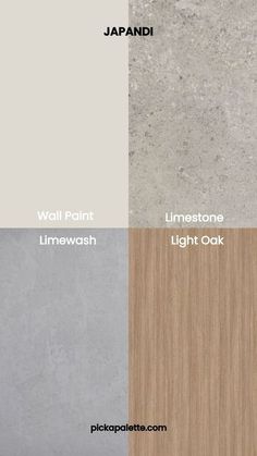 the different colors of wood and stone in japan, with text that reads wall paint limewash light oak