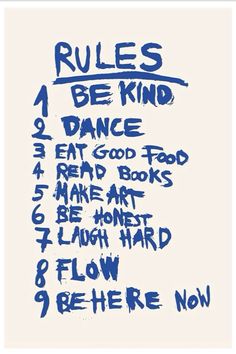 a poster with the words rules to be kind written in blue ink on white paper