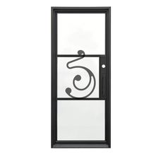 a black and white door with a glass window