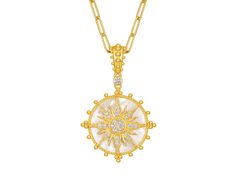 Adorn yourself with this necklace and radiate like the sun. This exquisite necklace is inspired by the sun, featuring a circular pendant intricately carved with a sun motif, as if capturing the dance of sunlight within. The sun is embellished with sparkling cubic zirconia, shining like stars in the sky. In addition to the pendant's design, the outer rim of the necklace is adorned with numerous delicate beads, encircling the pendant and adding an elegant touch. The design of these beads enhances the overall opulence of the necklace, while adding a unique flair to your style. Makes an amazing gift to yourself or a loved one seeking a more positive mindset. Specifications * Material: 925 Sterling Silver, Plated with Layers of 18K Gold * Stone: Zircon Why You Will Love It * Special  design, ea Elegant Round Sun Design Jewelry, Elegant Sunburst Jewelry With Sun Design, Elegant Sunburst Jewelry With Sun And Moon Design, Elegant Sun Design Pendant Necklace, Elegant Sun Design Pendant Jewelry, Elegant Sun And Moon Design Sunburst Jewelry, White Sun And Moon Design Necklace, Elegant Round Pendant Jewelry With Sun Design, Elegant Round Sun Design Pendant Jewelry