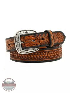 Ariat A1020867 Floral Embossed Belt in Black & Tan Front View Floral Belt, Tan Leather Belt, Wide Leather Belt, Men's Belt, Belt Size, Black Tan, Mens Belts, Belt Buckle, Black Belt