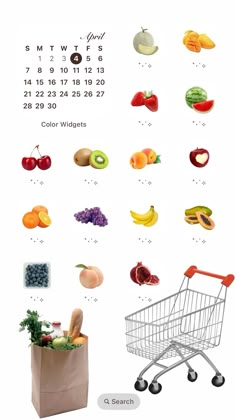 a shopping cart filled with lots of different fruits and vegetables in front of a calendar