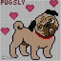 a cross stitch pattern with a pug dog on it's chest and hearts in the background