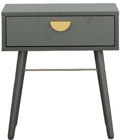 a grey and gold side table with two drawers on one end, the other drawer is open