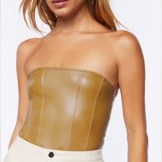 Timing Brand Size M Pu Leather New Never Worn Chic Brown Tube Top For Night Out, Chic Beige Corset For Night Out, Strapless Brown Tube Top For Night Out, Chic Brown Fitted Tube Top, Chic Fitted Brown Tube Top, Brown Strapless Tube Top For Party, Leather Bodysuit, Suede Top, Suede Tops