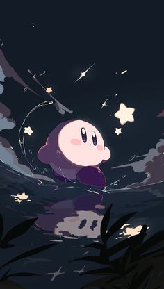 a cartoon character floating in the water at night with stars and clouds behind him,