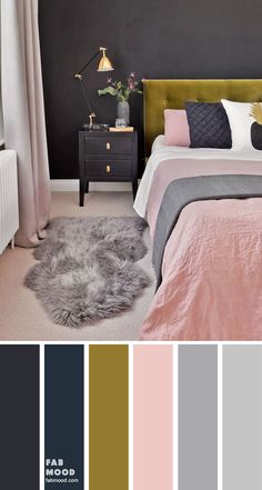 a bedroom with pink, grey and gold colors