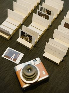 a camera and some cards on a table