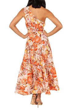 A wildly beautiful floral print heightens the vacation-ready allure of this one-shoulder sundress styled with a low two-tiered skirt with gathered detail. Hidden side-zip closure One-shoulder neck Partially lined 100% rayon Hand wash, dry flat Imported Spring One Shoulder Dress With Floral Print, Floral Print One Shoulder Dress For Brunch, Summer Floral Print One Shoulder Dress For Brunch, One Shoulder Floral Sundress, One Shoulder Sundress With Floral Print, One-shoulder Summer Dresses For Garden Party, Floral Print One Shoulder Sundress, One-shoulder Dress For Summer Garden Party, Summer Tropical Print Off-shoulder Dress