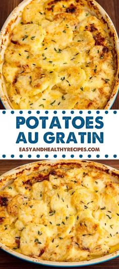 two different types of baked food with the words potatoes au gratine on top